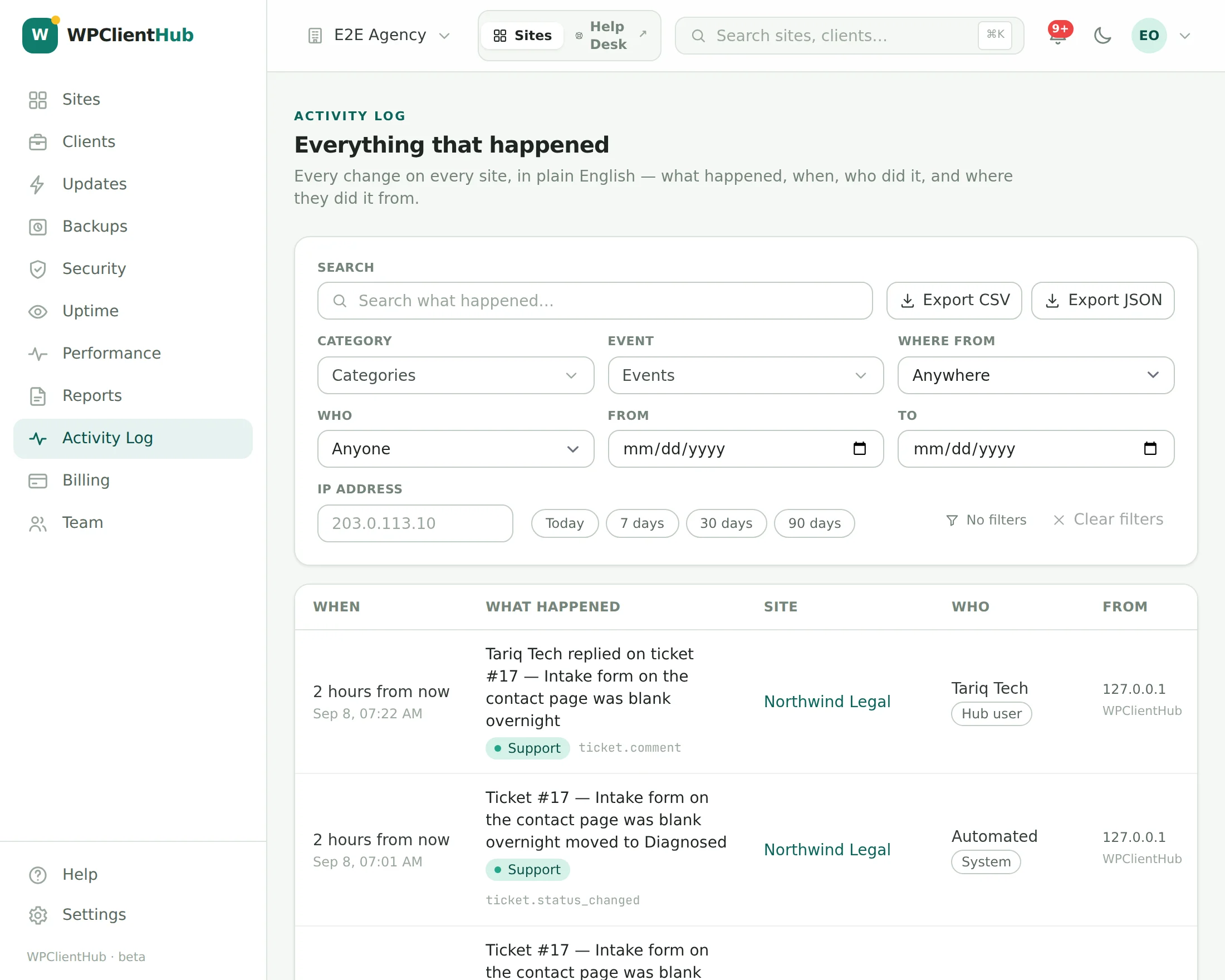Activity Log with filters for category, event, source, person, date range and IP, export to CSV or JSON, and plain-language rows such as “Dana Whitfield replied on ticket #16” with the time, site, person and IP address