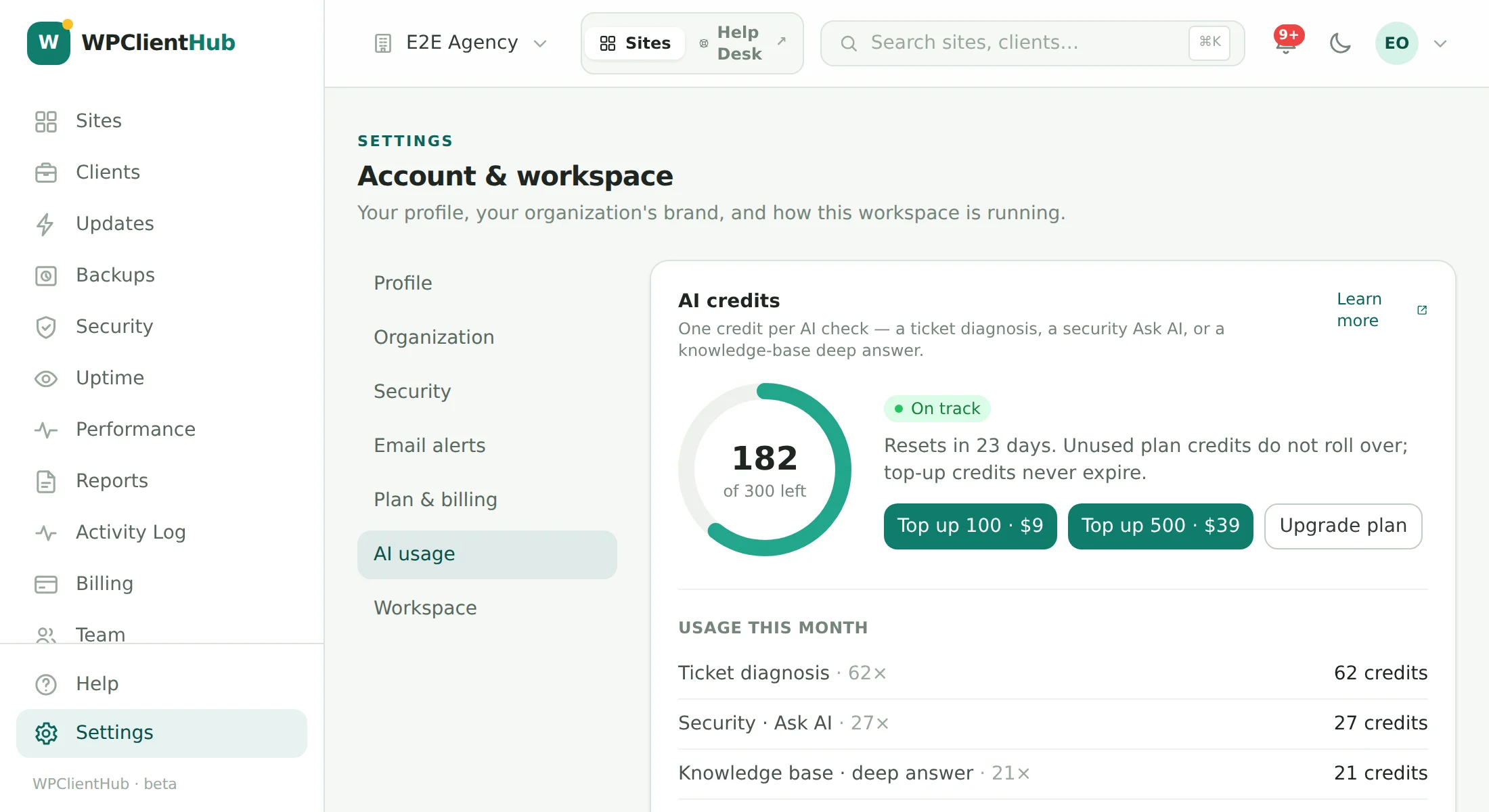 AI usage: 182 of 300 credits left this month, on track, with usage by kind — ticket diagnoses, security Ask AI and knowledge-base answers