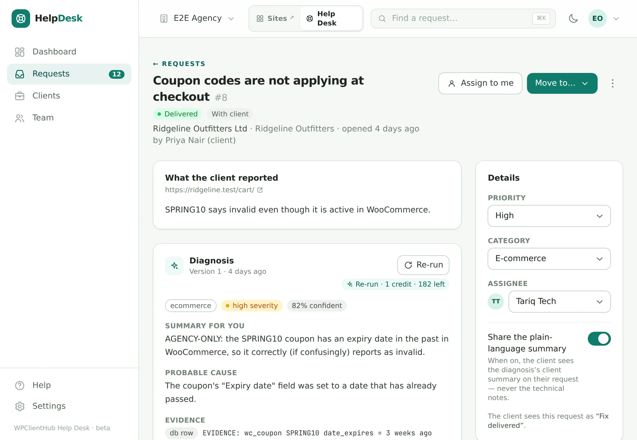A help desk request, “Coupon codes are not applying at checkout”, with an AI diagnosis: e-commerce category, high severity, 82% confidence, the probable cause and the WooCommerce evidence row behind it