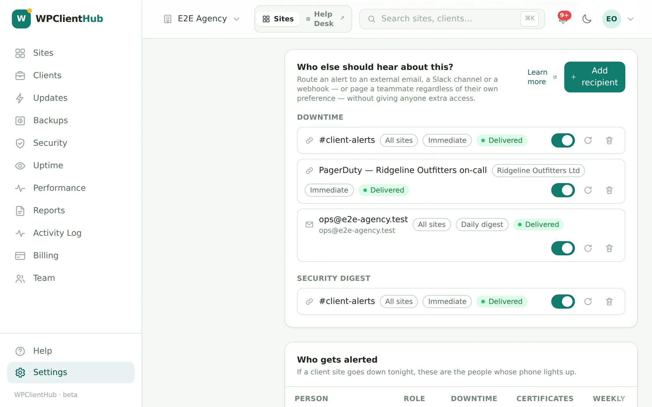 Notification routes: a #client-alerts Slack channel for downtime and the security digest, a PagerDuty webhook scoped to one client, and a daily digest to an external inbox — plus the who-gets-alerted roster