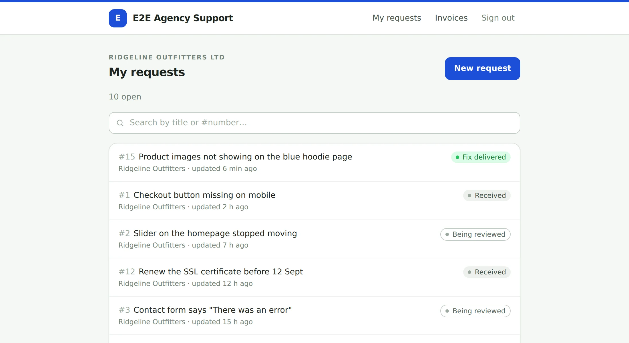 The client portal: Ridgeline Outfitters’ open requests with plain-language statuses such as Received, Being reviewed and Fix delivered
