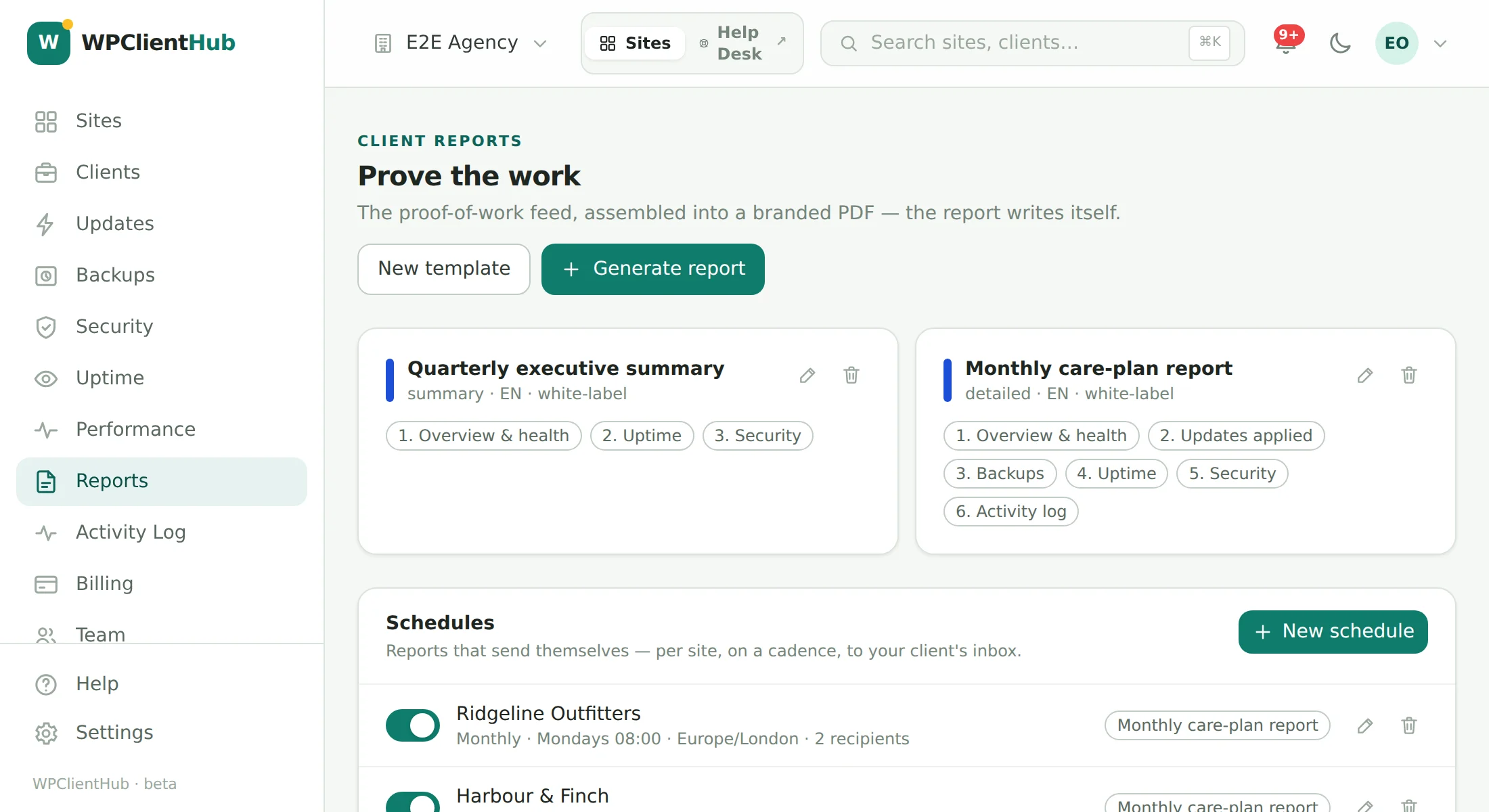 Client Reports: two templates, scheduled deliveries per client, and the list of generated reports from the last two months