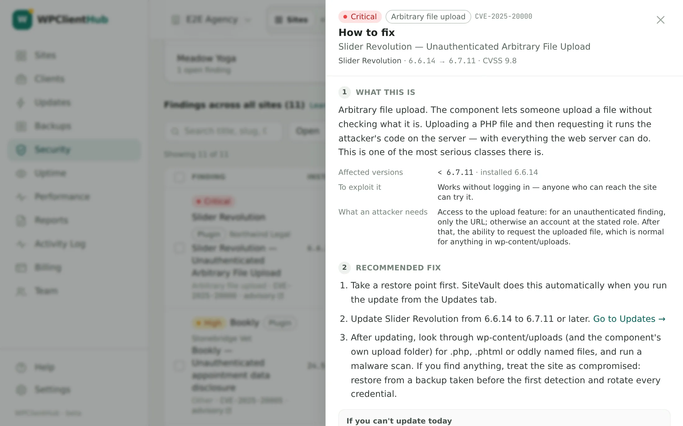 The How to fix drawer for a critical vulnerability finding: what this is, affected versions, what an attacker needs, and a numbered recommended fix starting with a restore point