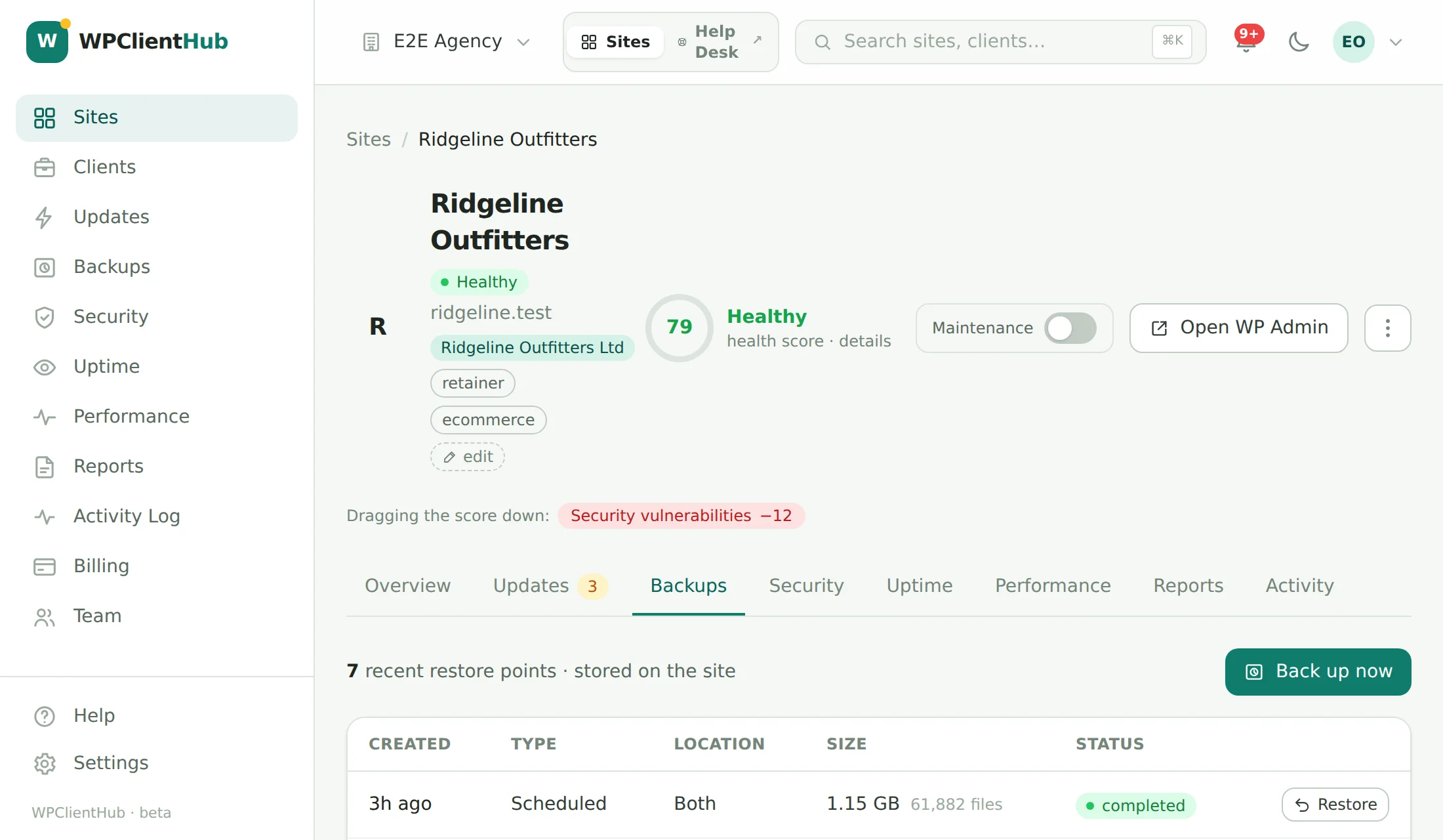 A site’s backups tab: the schedule, the offsite destination, and recent restore points with a Restore button on each