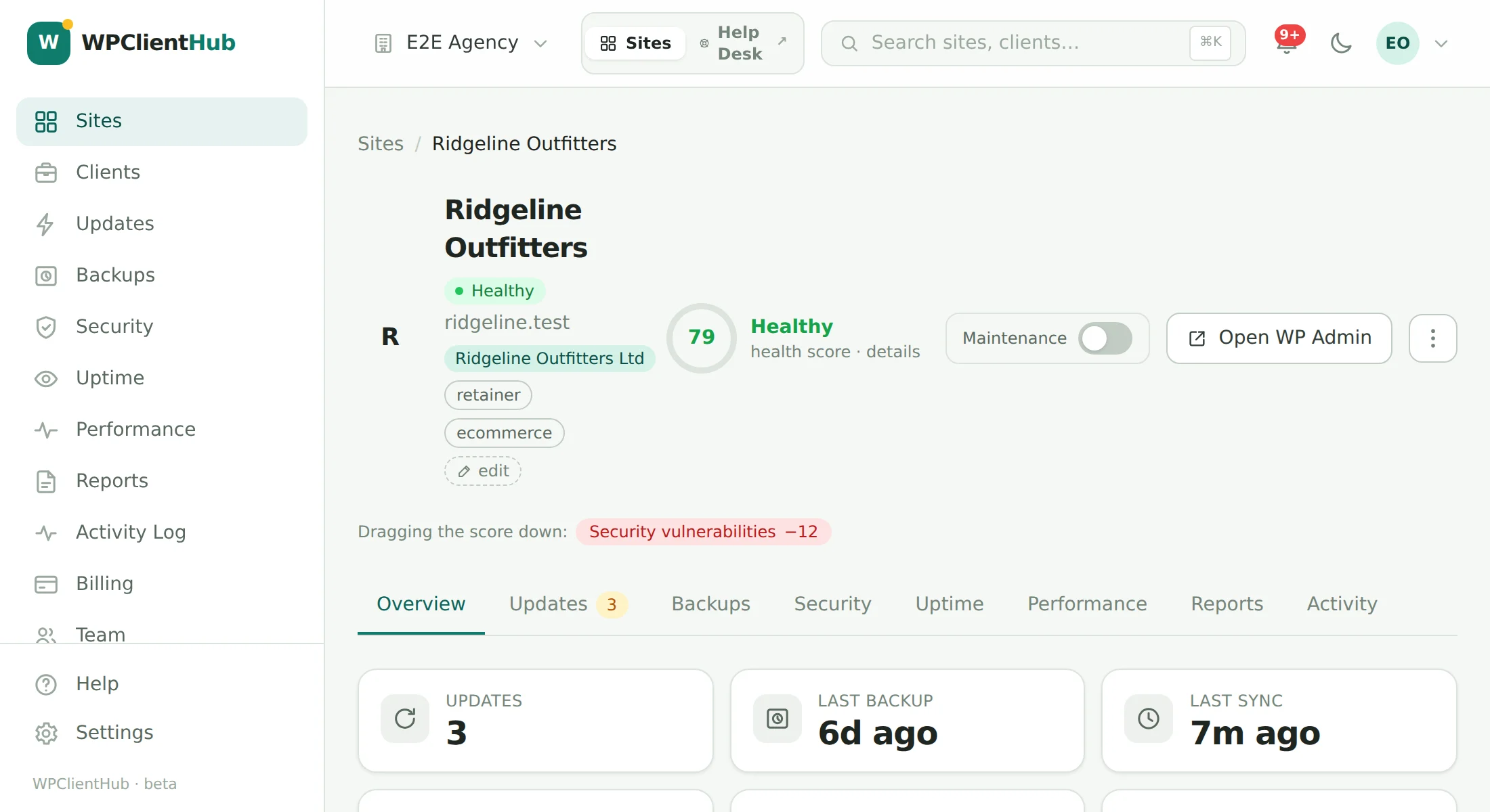 Site detail for Ridgeline Outfitters: health score 79 with the deductions that produced it, three pending updates, a backup from three hours ago, and the tabs for updates, backups, security, uptime, performance, reports and activity