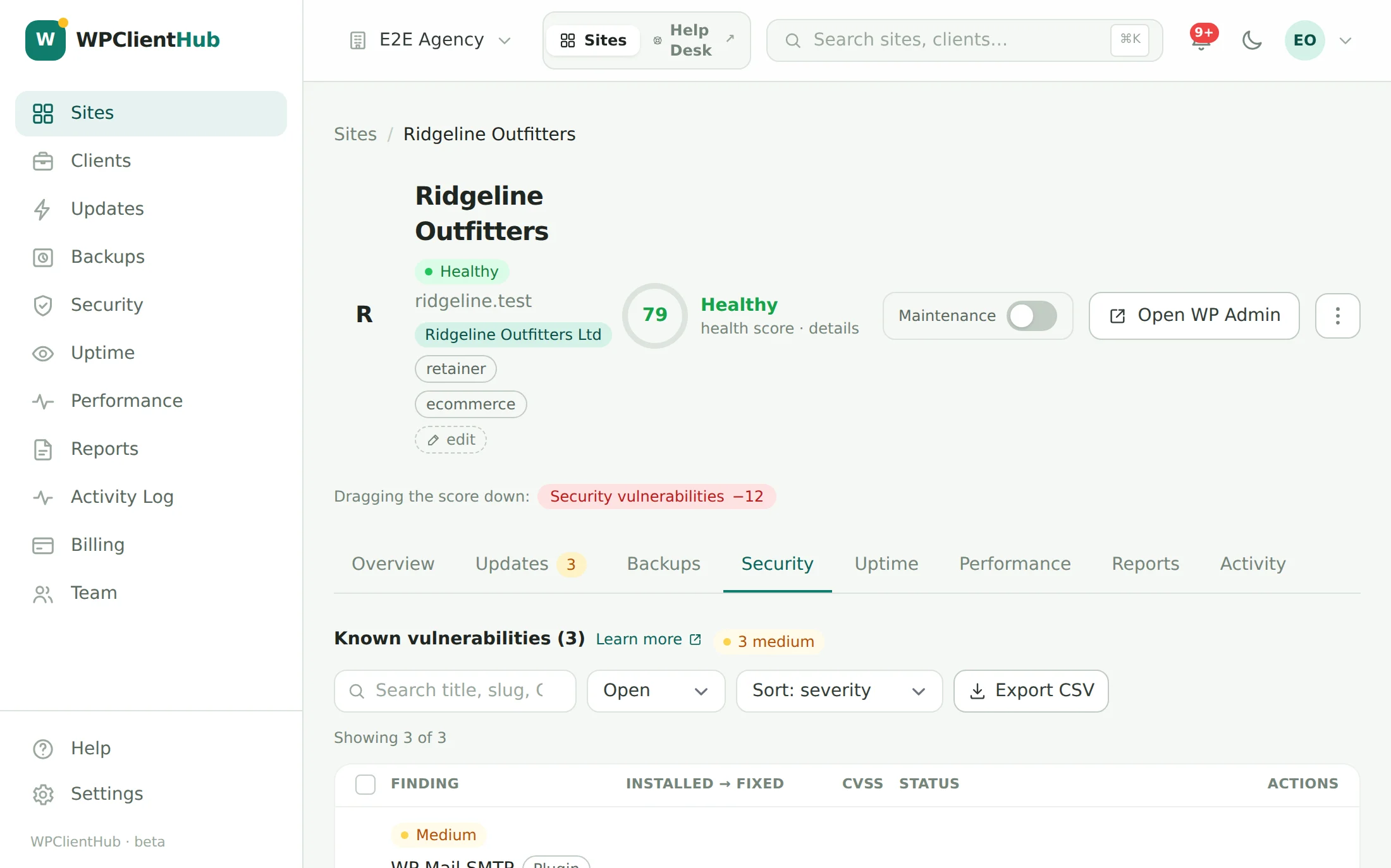 A site’s SEO Health tab: a score of 78, the four-band gauge, and a checklist of on-page findings by category