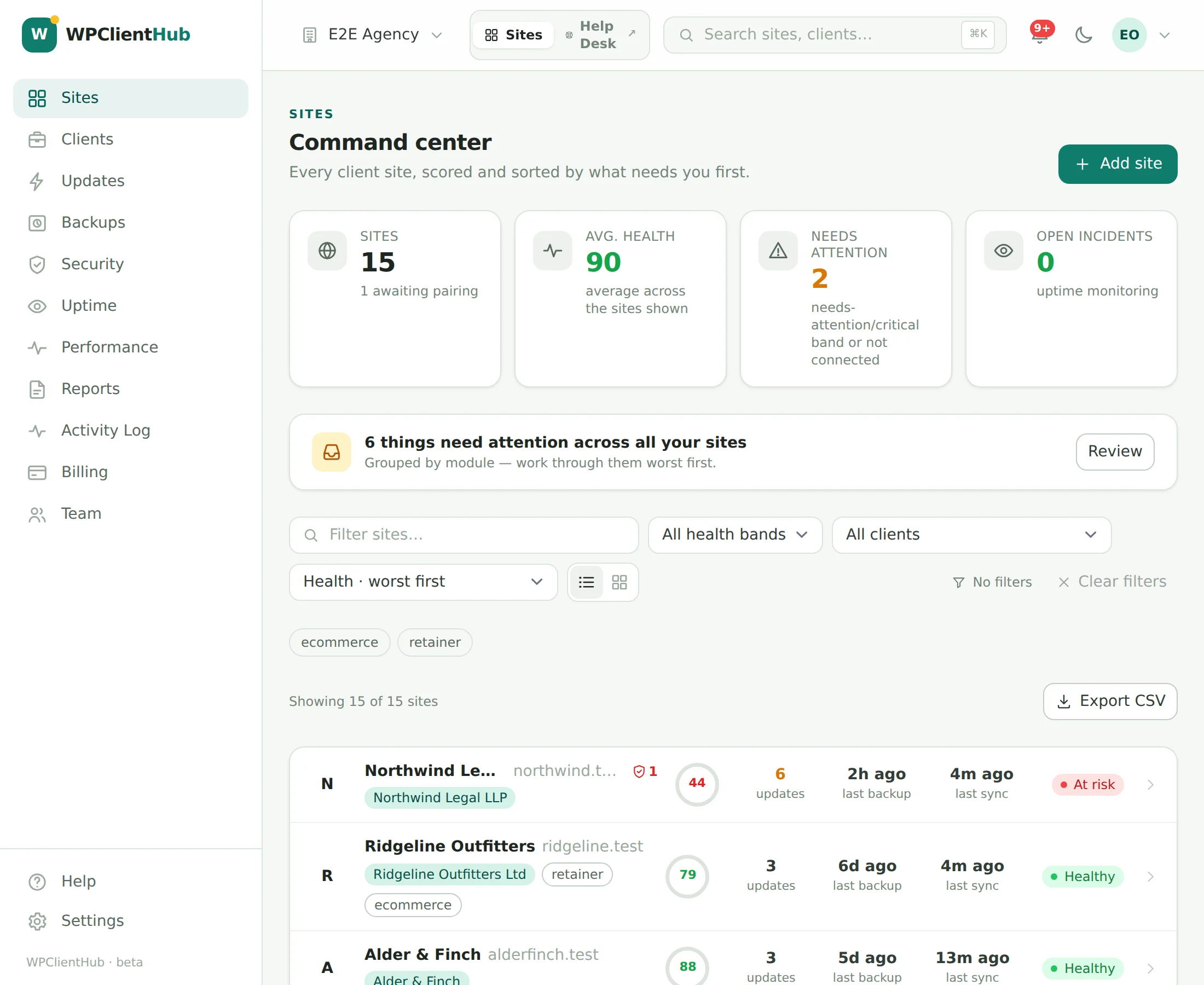 The site list: fifteen client sites with health scores, pending updates, backup status and incident state, sorted worst-first