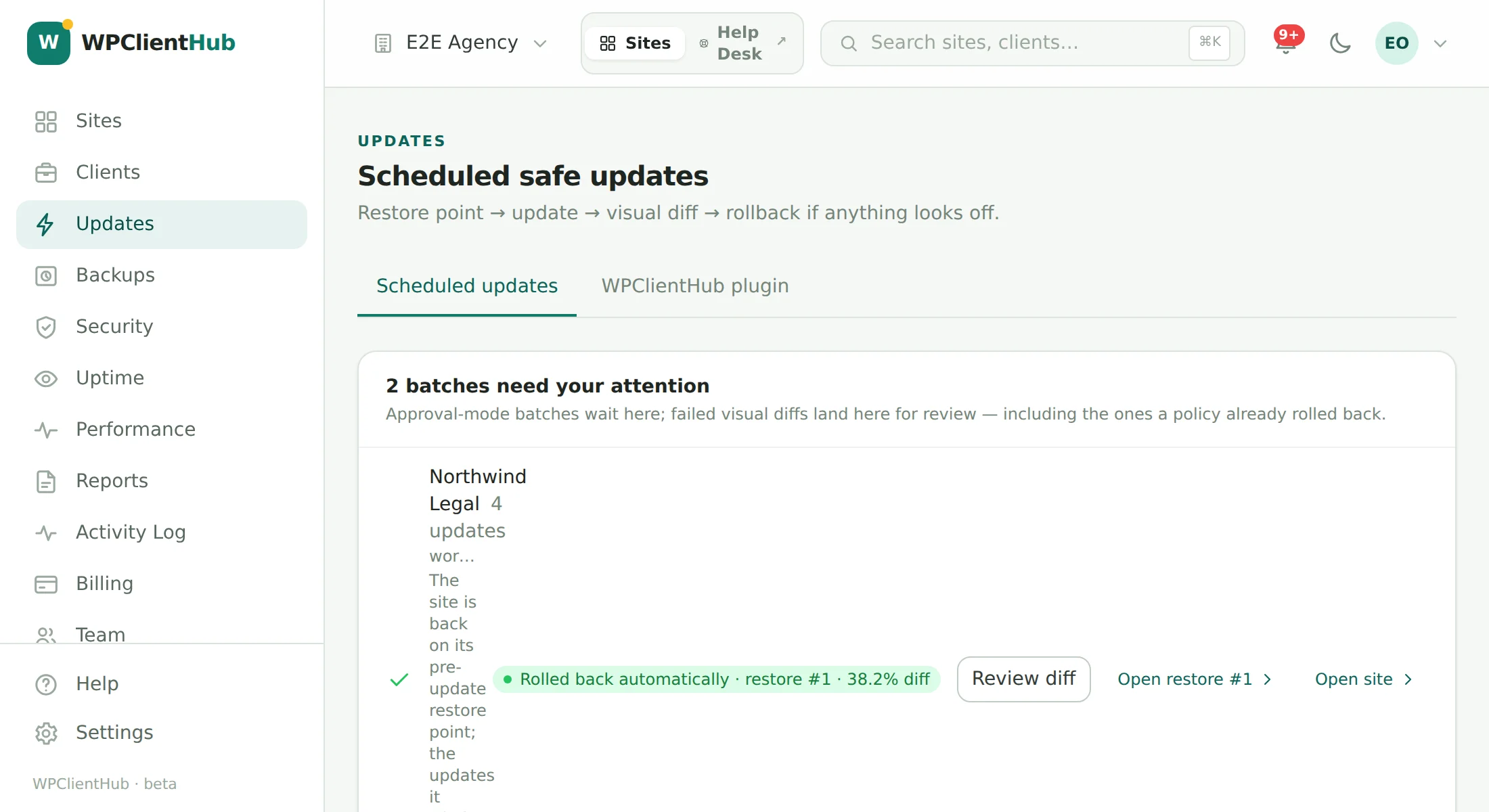 Scheduled safe updates: two batches needing attention — one held at a 31% visual diff, one awaiting approval — above the per-site update policies