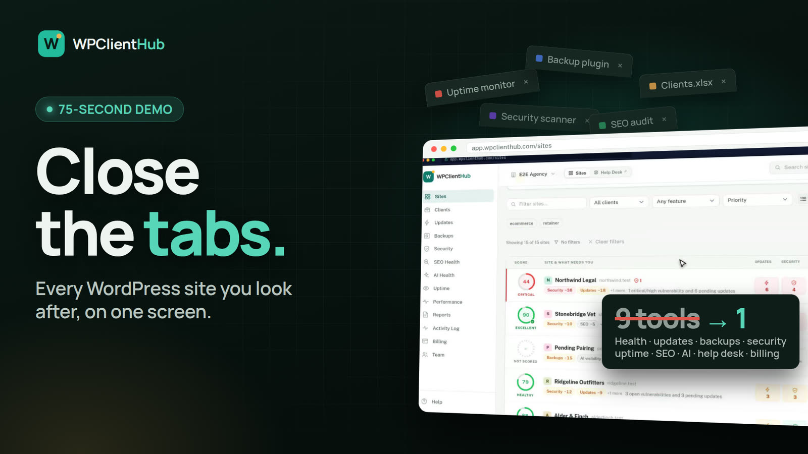 WPClientHub demo: the agency’s pile of tools and tabs collapses into one dashboard, then every module in turn — health scores, safe updates with automatic rollback, backups on your own storage, security, uptime, performance, SEO Health, AI Health, the help desk and client portal, reports and billing